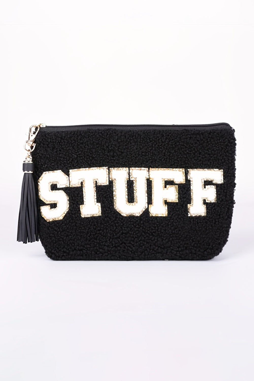 Camel Sparkle Letter Pattern Tassel Zipper Makeup Bag