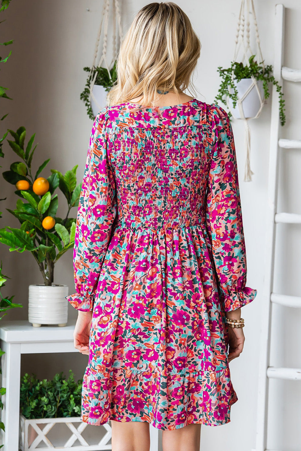 Floral Print Long Sleeve Flounce Hem V Neck Smocked Dress