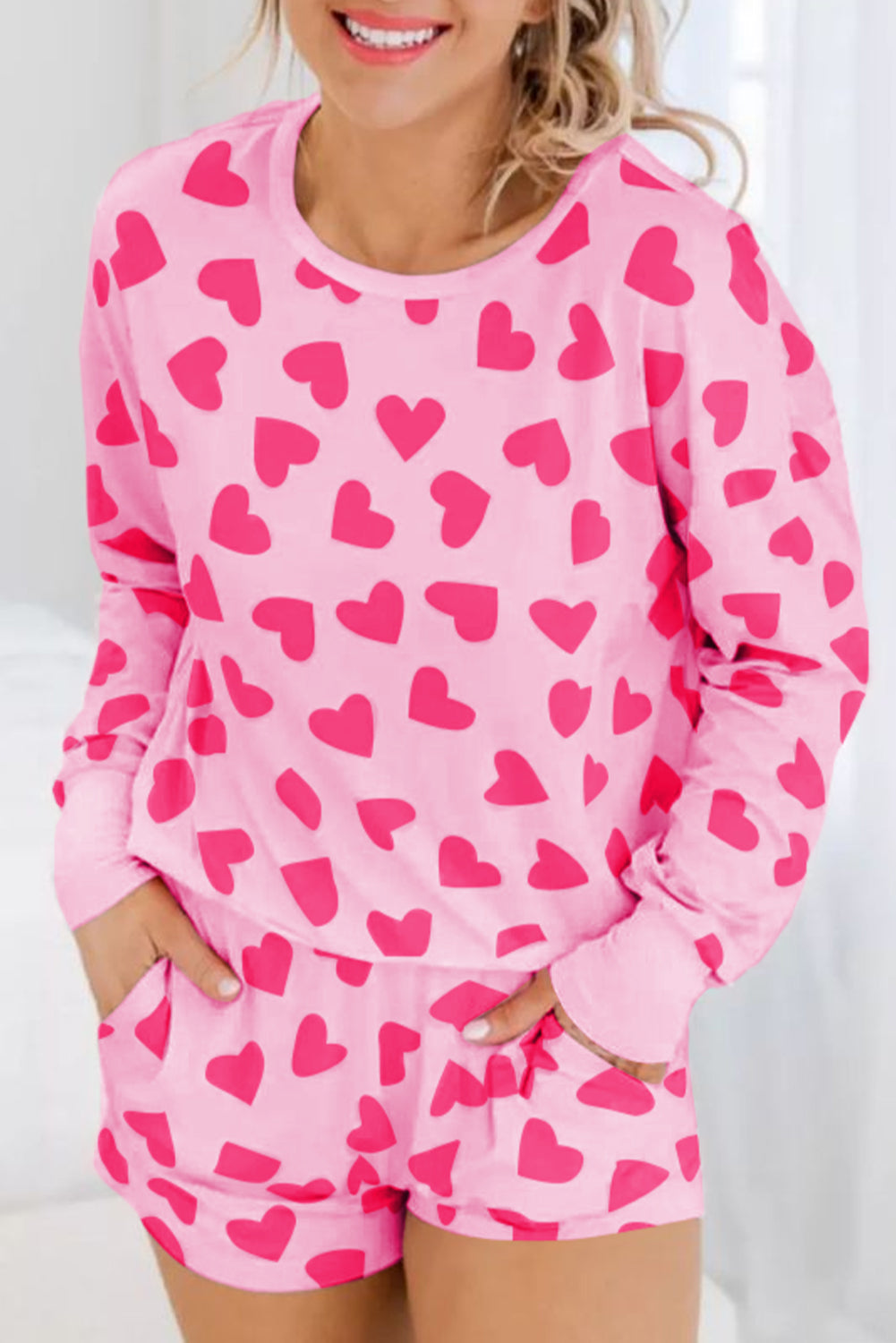 Pink Heart Print Long Sleeve Top and Shorts Loungewear Set