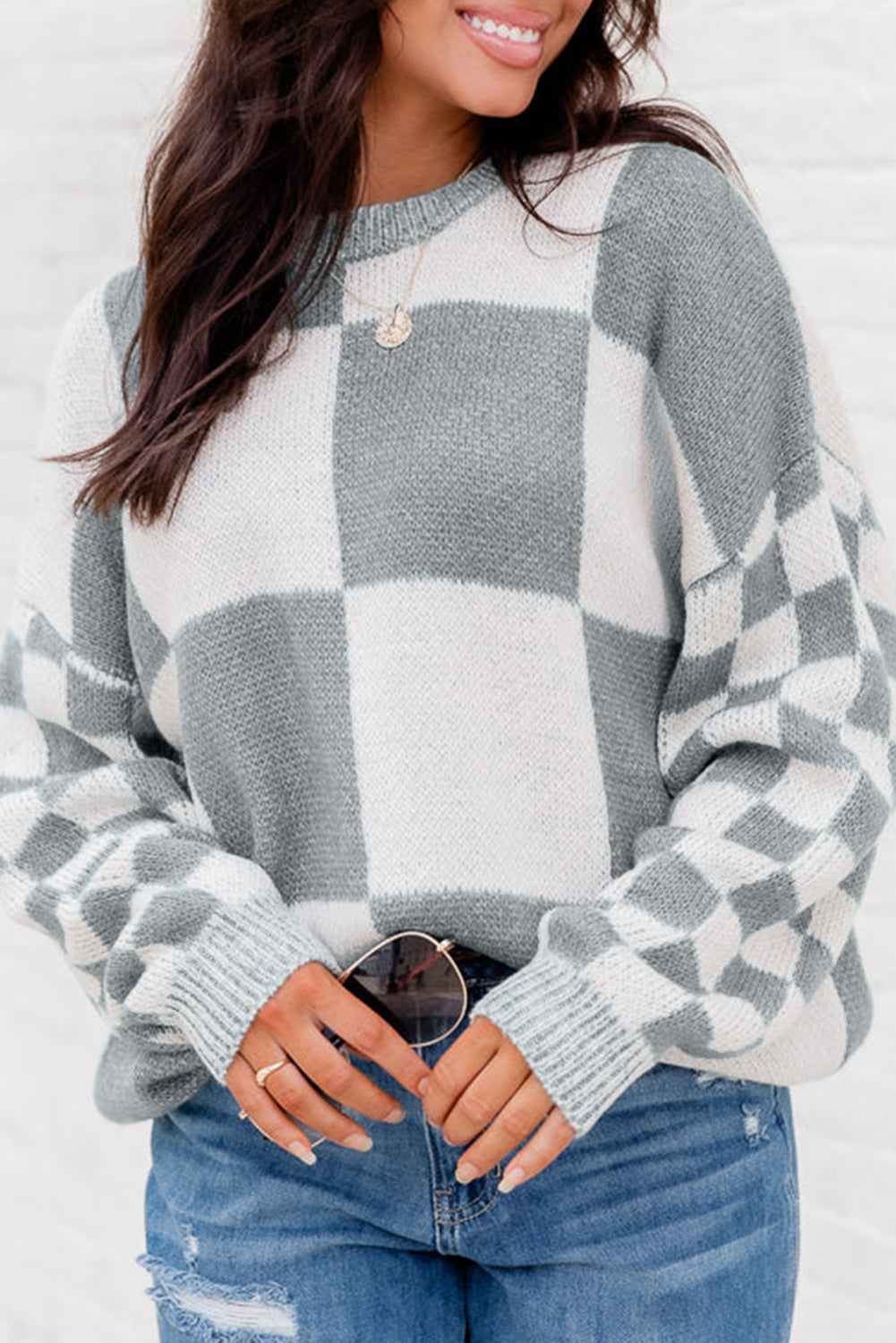 Black Plaid Knitted Drop Shoulder Sweater