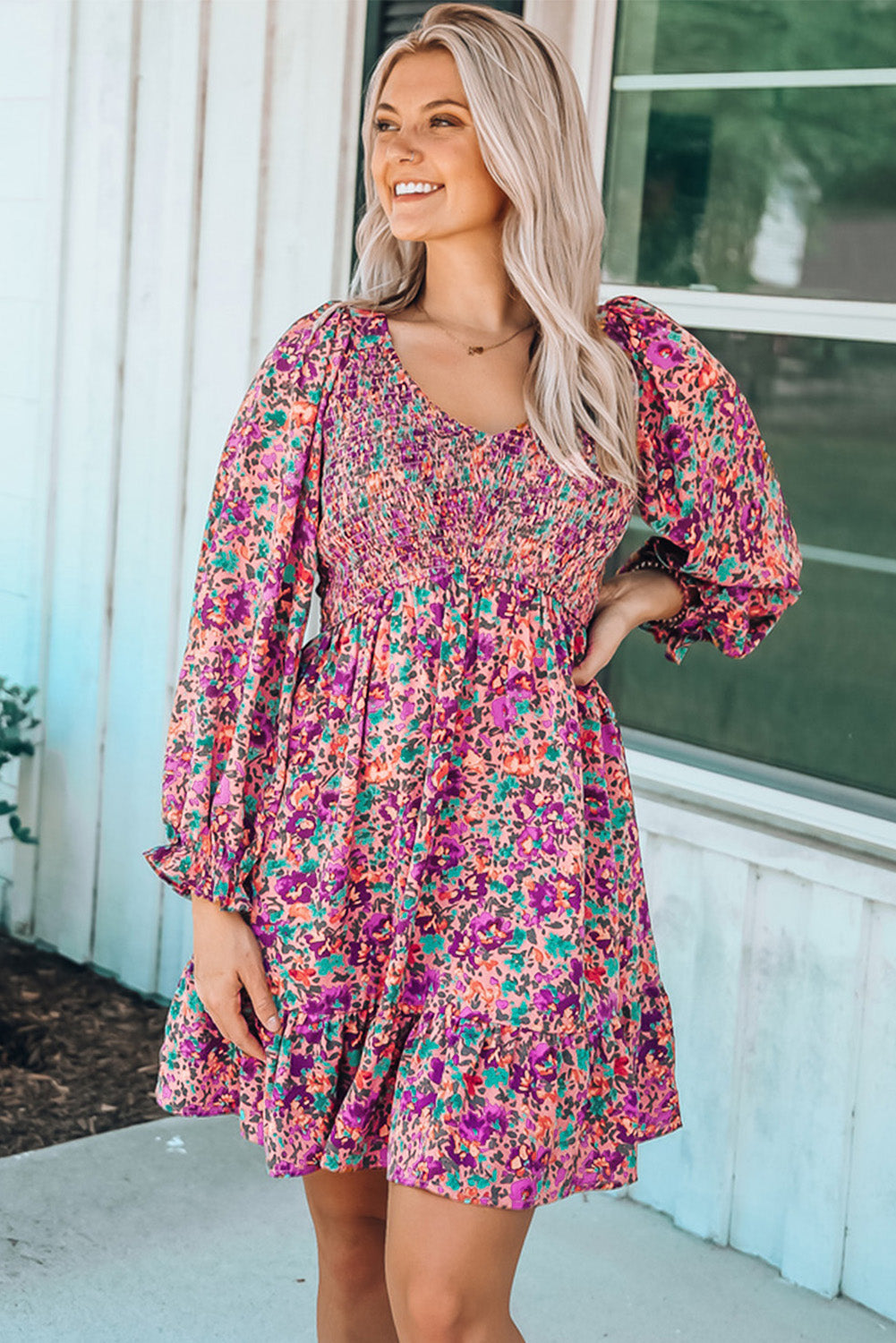 Floral Print Long Sleeve Flounce Hem V Neck Smocked Dress