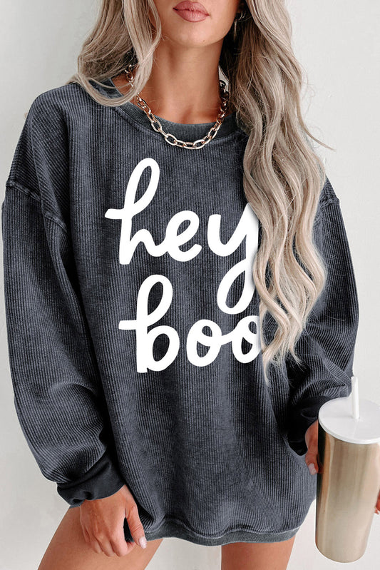 Gray Hey Boo Graphic Corded Halloween Sweatshirt