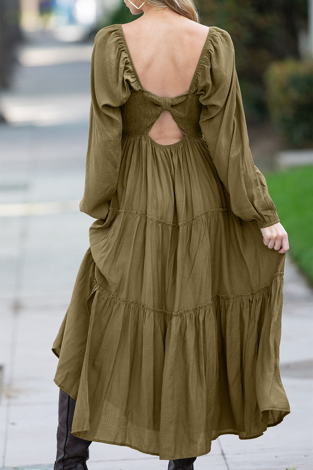 Brown V Neck Bowknot Cutout Frill Tiered Maxi Dress