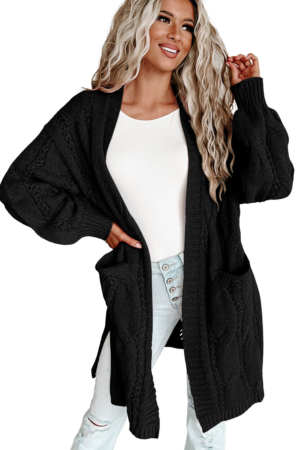 Khaki Ribbed Trim Hollow Knit Side Slits Cardigan