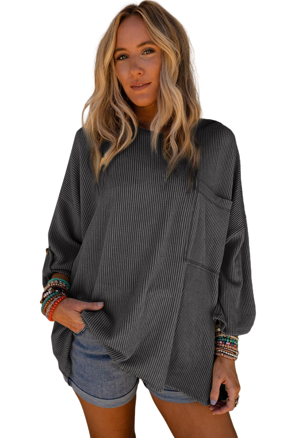 Gray Ribbed Roll-tab Sleeve Chest Pocket Oversize Top