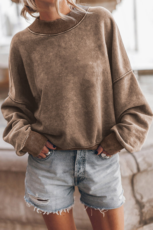 Brown Plain Drop Shoulder Crew Neck Pullover Sweatshirt