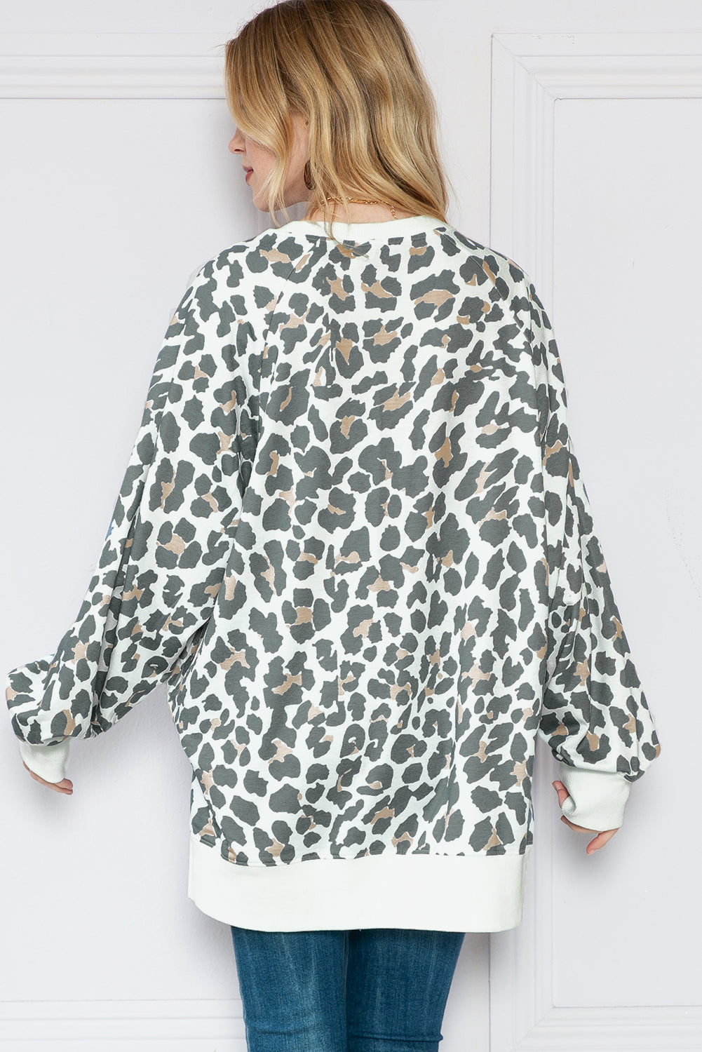 White Leopard Contrast Trim Long Sleeve Top