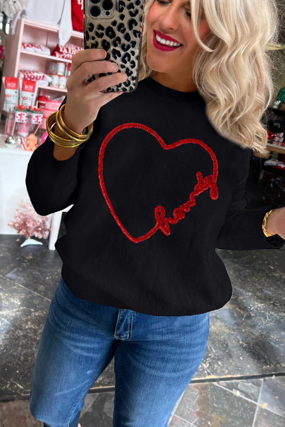 Black XOXO Chenille Letter Round Neck Casual Sweater