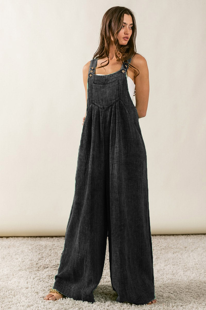 Black Crinkle Loose Fit Wide Leg Jumpsuit