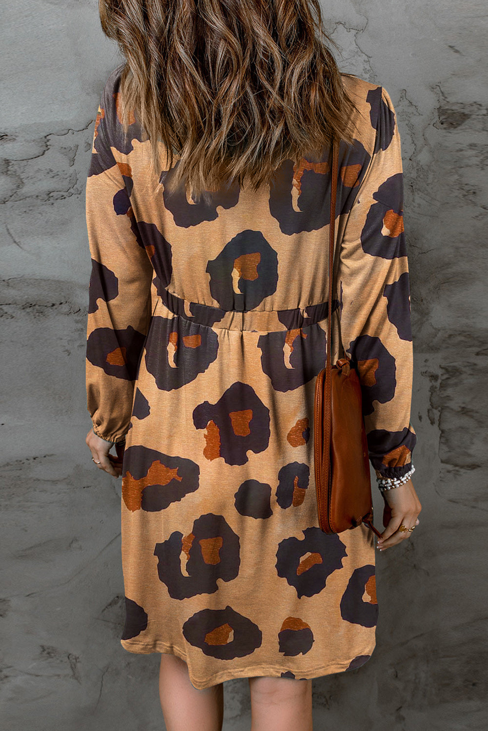 Leopard Animal Print Buttoned Front Bubble Sleeve Loose Knit Dress