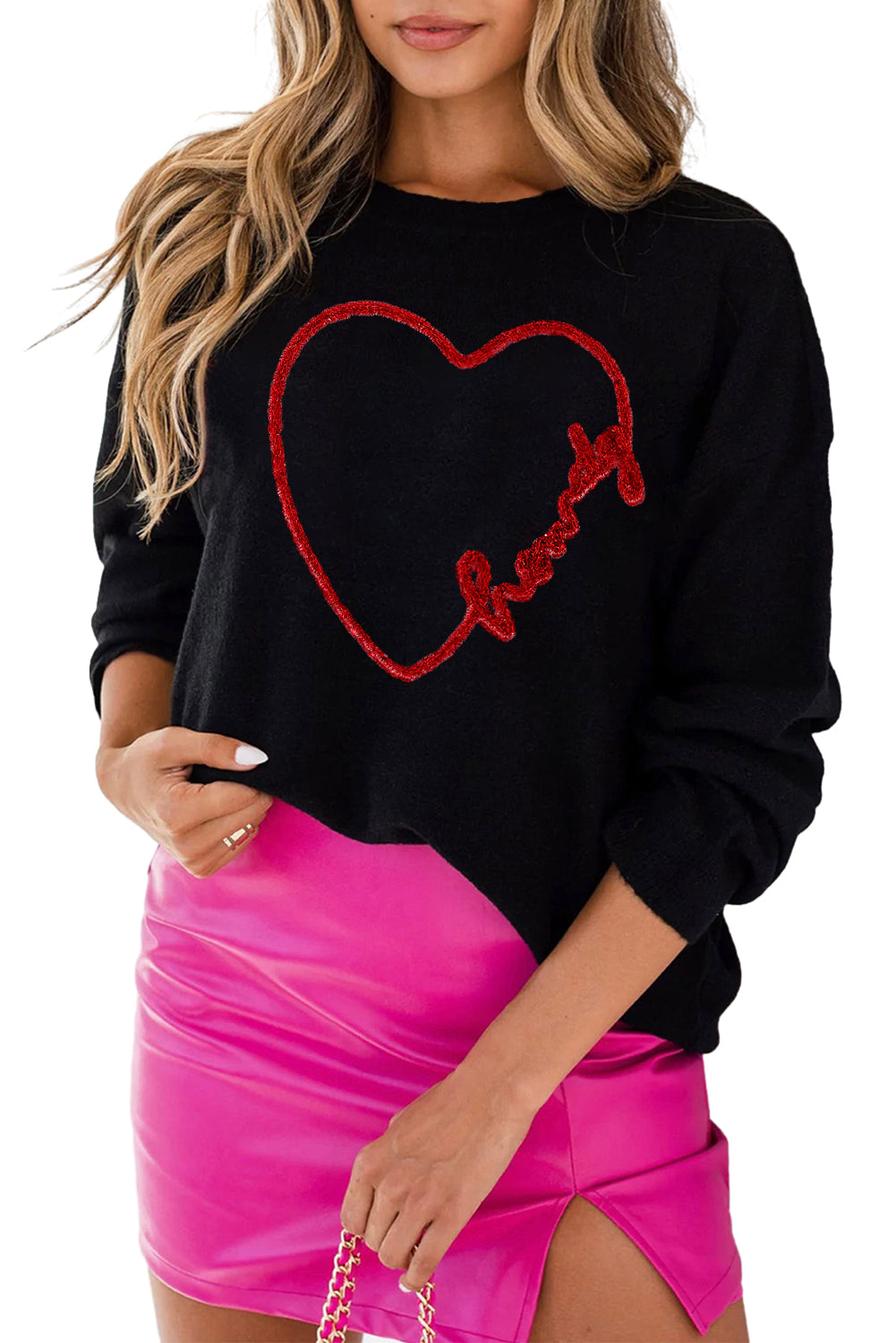 Black XOXO Chenille Letter Round Neck Casual Sweater