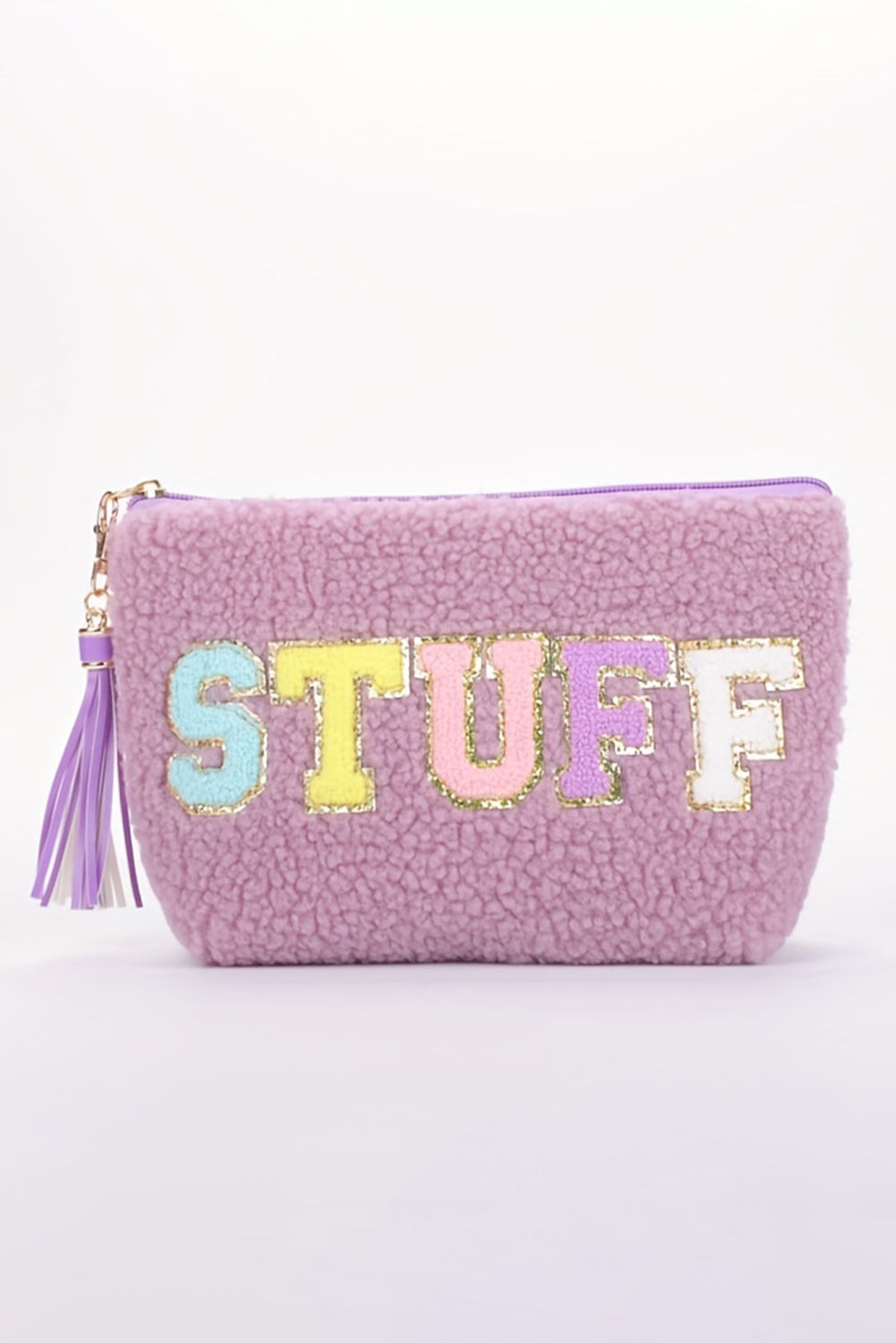 Camel Sparkle Letter Pattern Tassel Zipper Makeup Bag