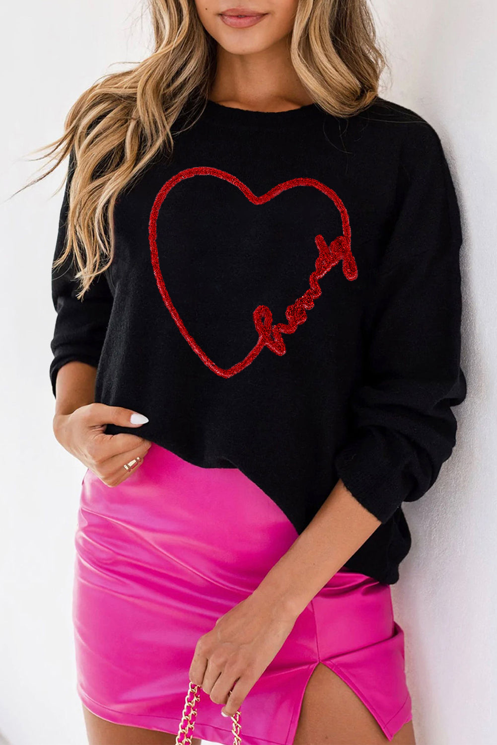 Black XOXO Chenille Letter Round Neck Casual Sweater