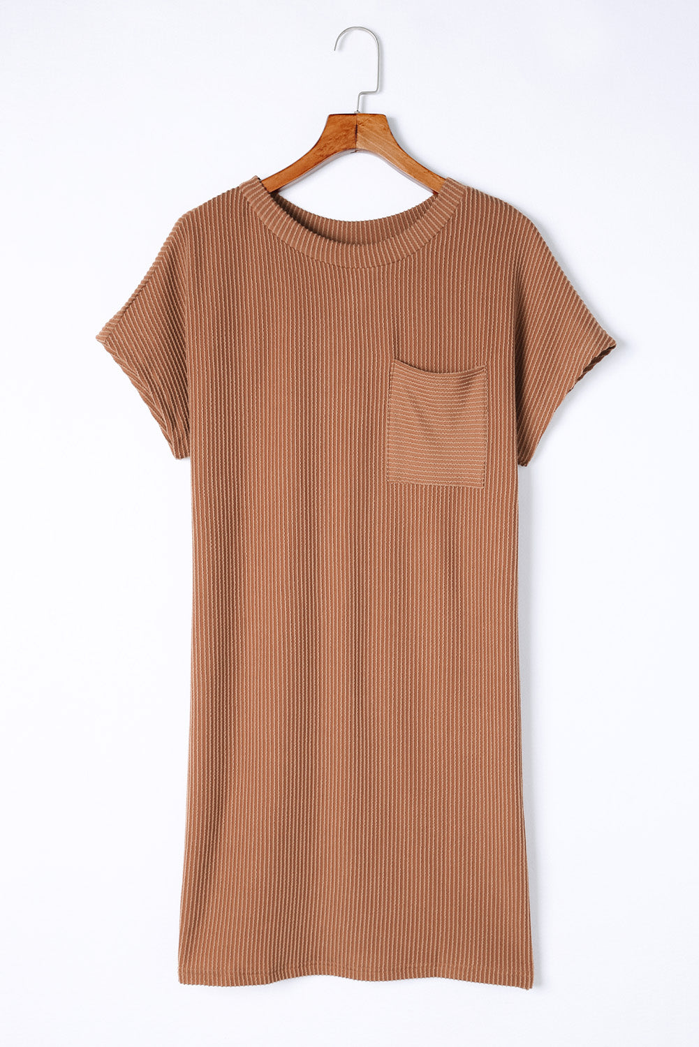 Grey Ribbed Short Sleeve Chest Pocket Casual T Shirt Dress