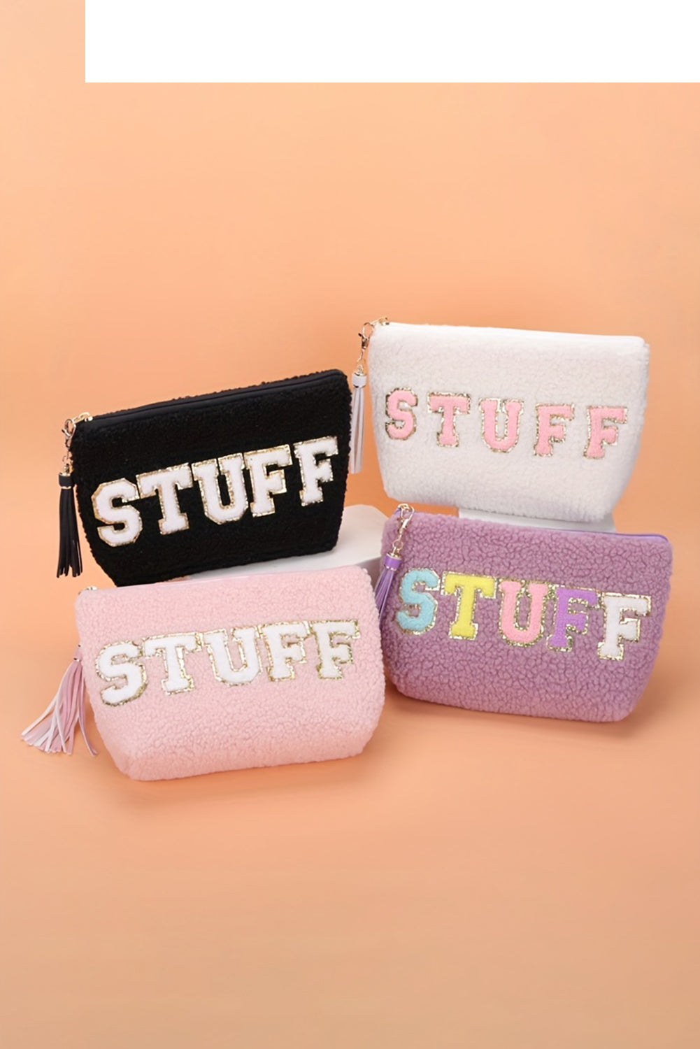 Camel Sparkle Letter Pattern Tassel Zipper Makeup Bag