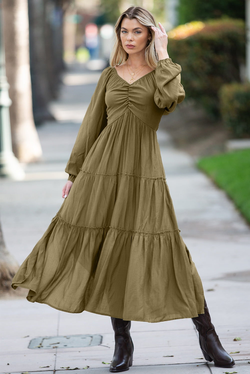 Brown V Neck Bowknot Cutout Frill Tiered Maxi Dress