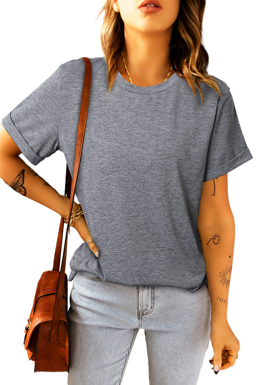 Khaki Solid Color Crew Neck Tee