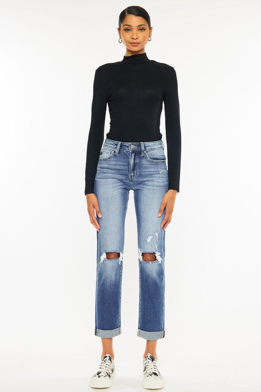 KAN CAN High Rise Hem Detail Slim Straight Jeans