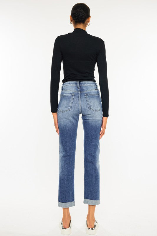 KAN CAN High Rise Hem Detail Slim Straight Jeans