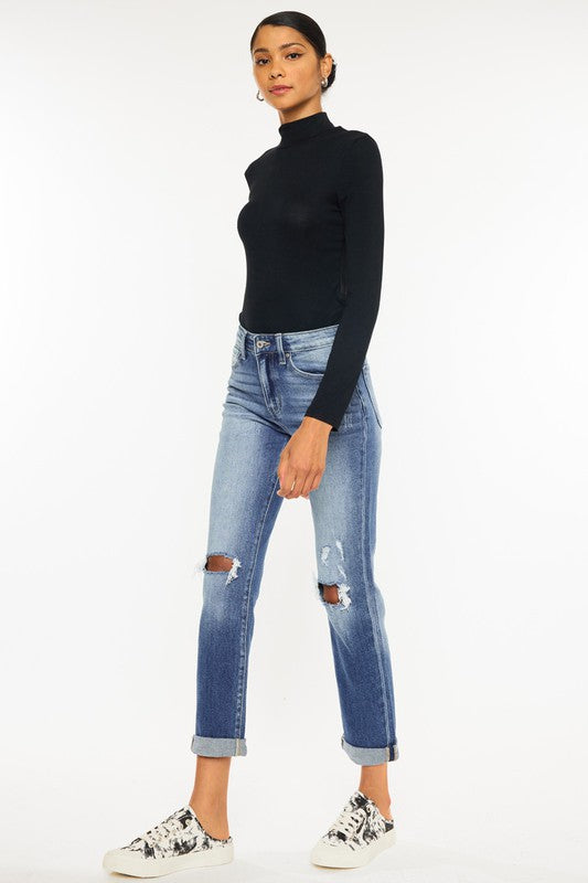 KAN CAN High Rise Hem Detail Slim Straight Jeans