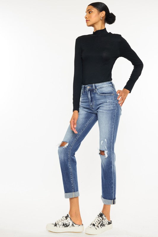 KAN CAN High Rise Hem Detail Slim Straight Jeans