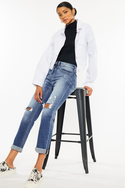 KAN CAN High Rise Hem Detail Slim Straight Jeans