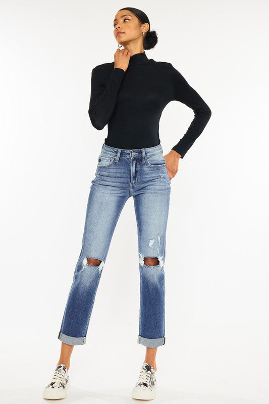 KAN CAN High Rise Hem Detail Slim Straight Jeans