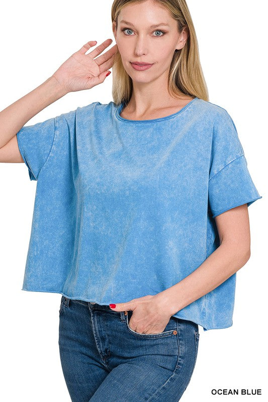 ACID WASH RAW EDGE SHORT SLEEVE CROP TOP