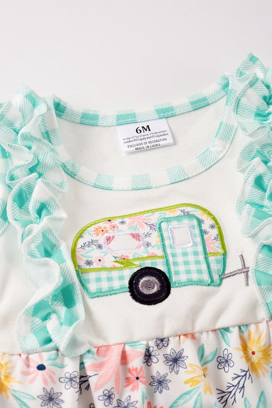 Green camper applique ruffle baby romper