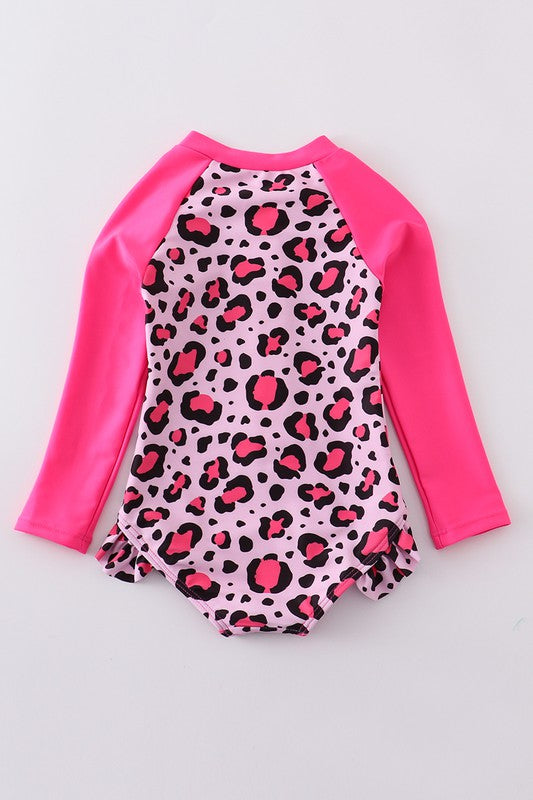 Pink leopard ruffle girl swimsuit