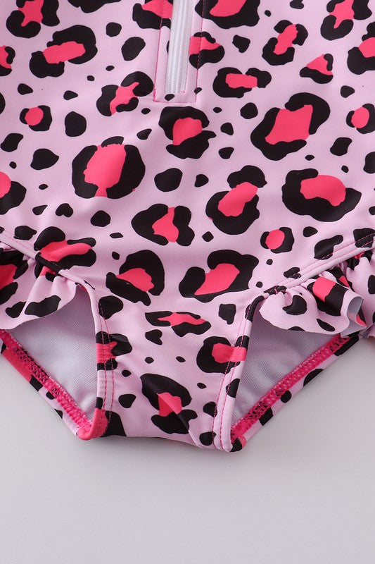 Pink leopard ruffle girl swimsuit