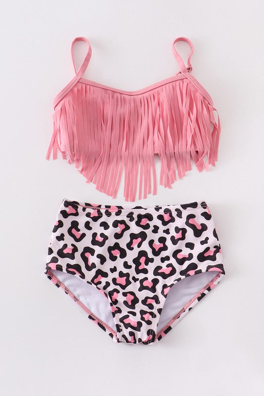 Pink tassel leopard girl swimsuit mommy&me