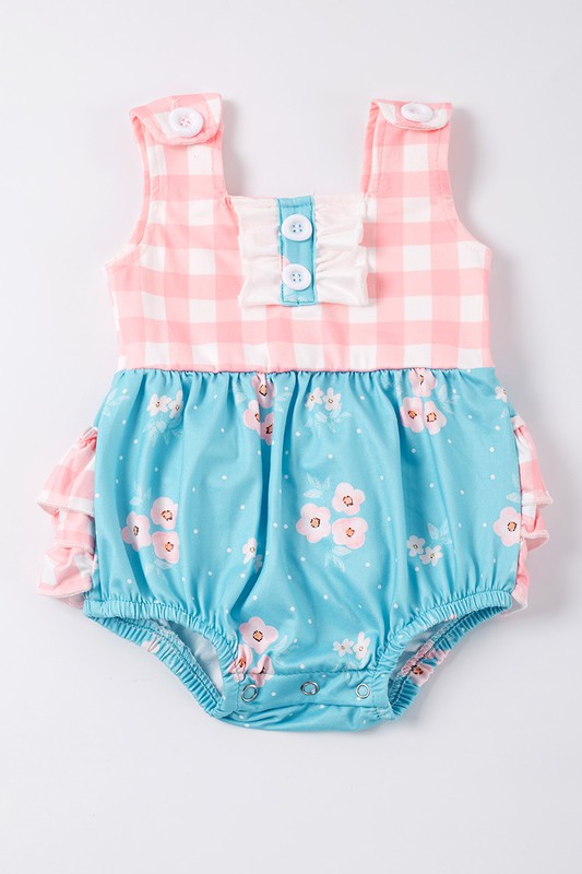 Pink plaid floral print baby romper