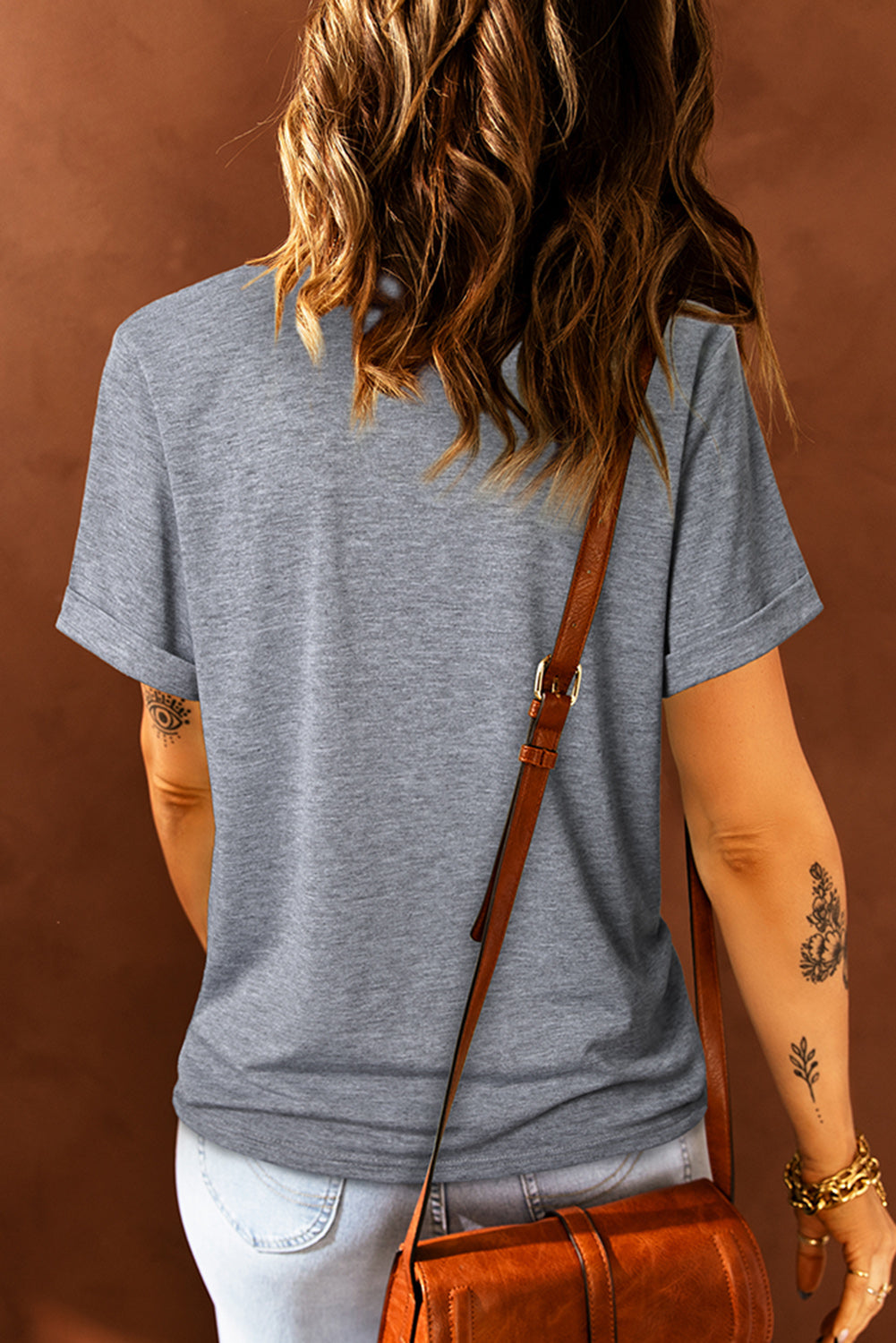 Khaki Solid Color Crew Neck Tee