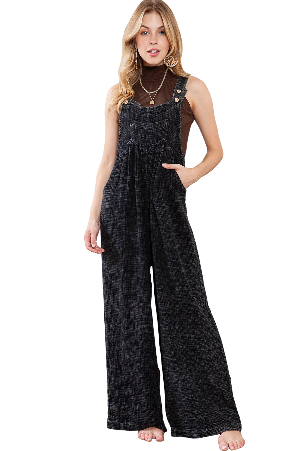 Black Crinkle Loose Fit Wide Leg Jumpsuit