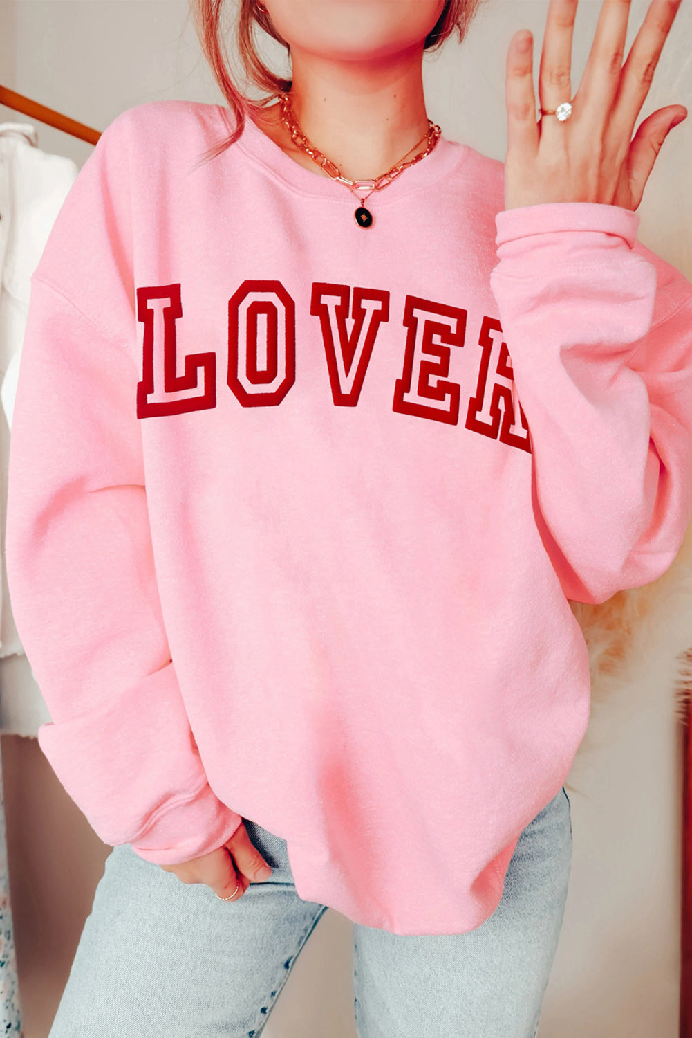 Pink LOVER Letter Graphic Drop Shoulder Pullover Sweatshirt