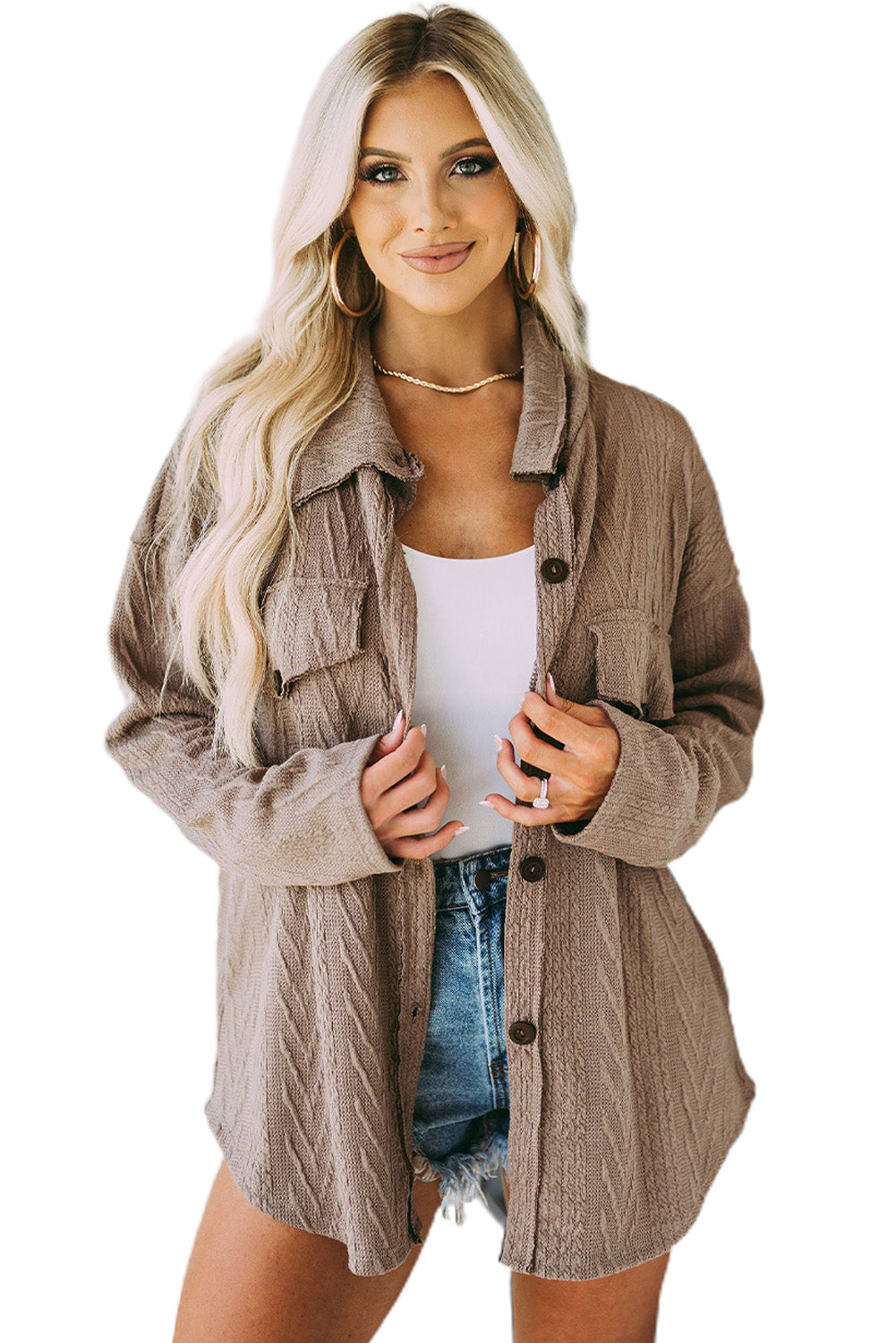 Khaki Casual Textured Button Front Oversized Knit Jacket