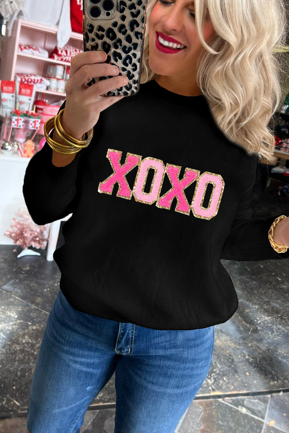 Black XOXO Chenille Letter Round Neck Casual Sweater