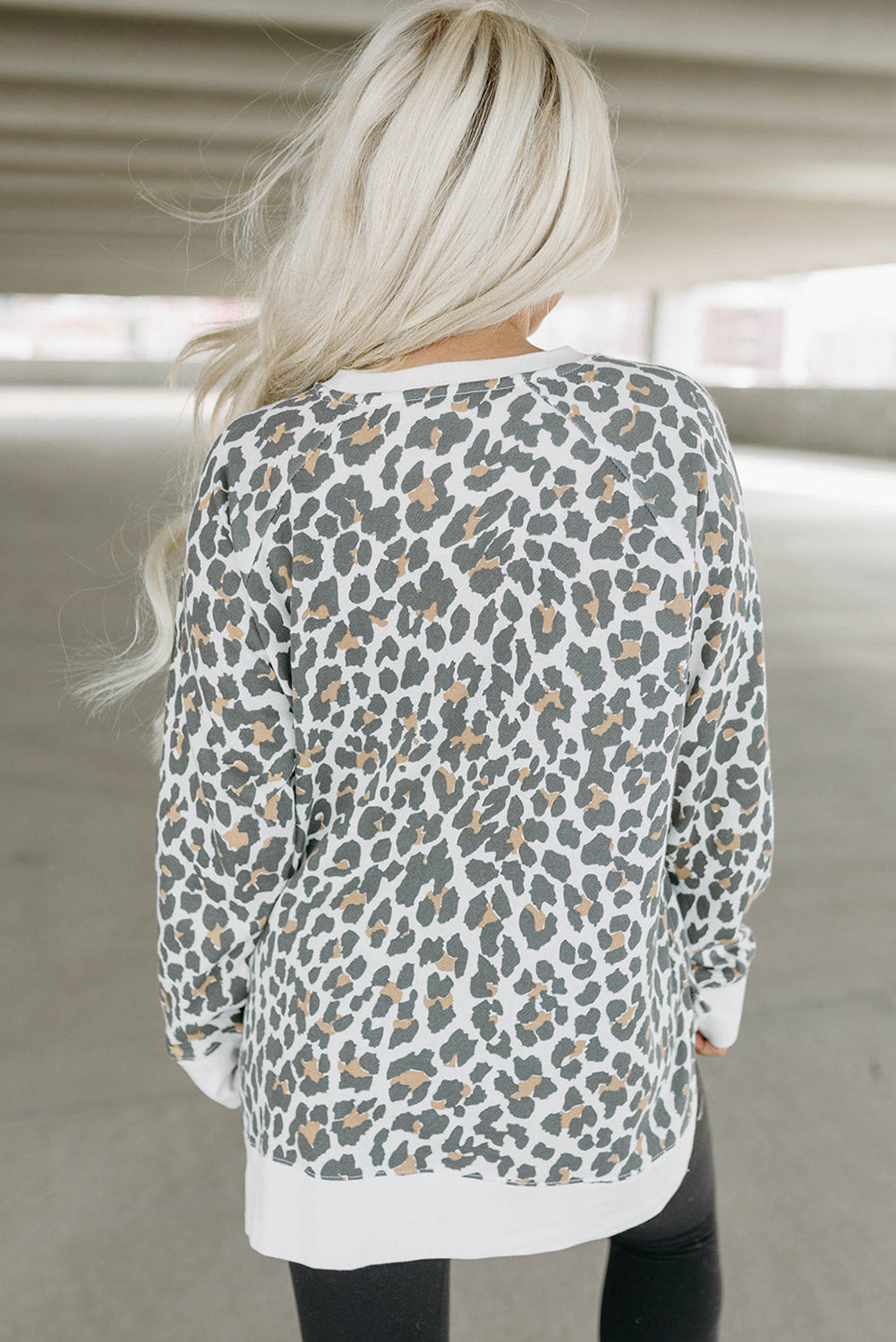 White Leopard Contrast Trim Long Sleeve Top