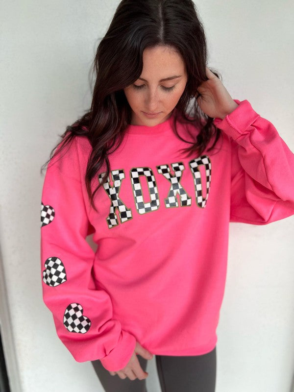 Neon Pink Checkered XOXO Sweatshirt