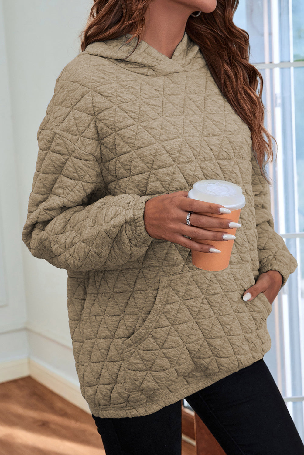 Light Grey Thermal Quilted Kangaroo Pocket Hoodie