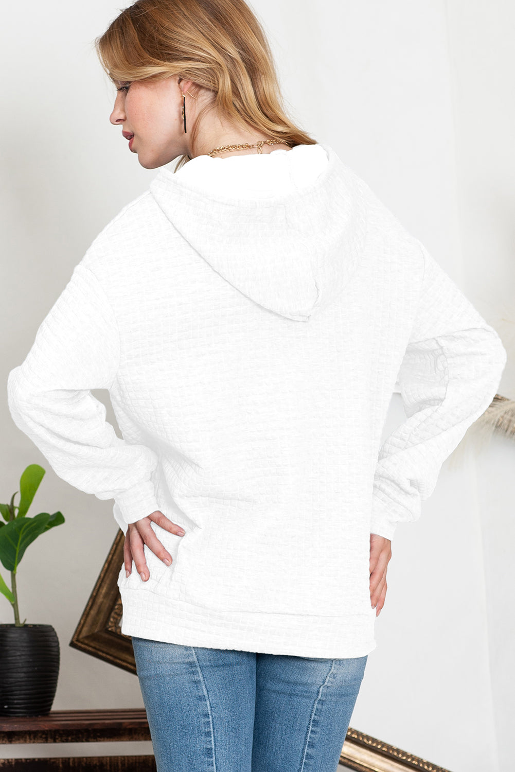 Gray Lattice Textured Kangaroo Pocket Drawstring Hoodie