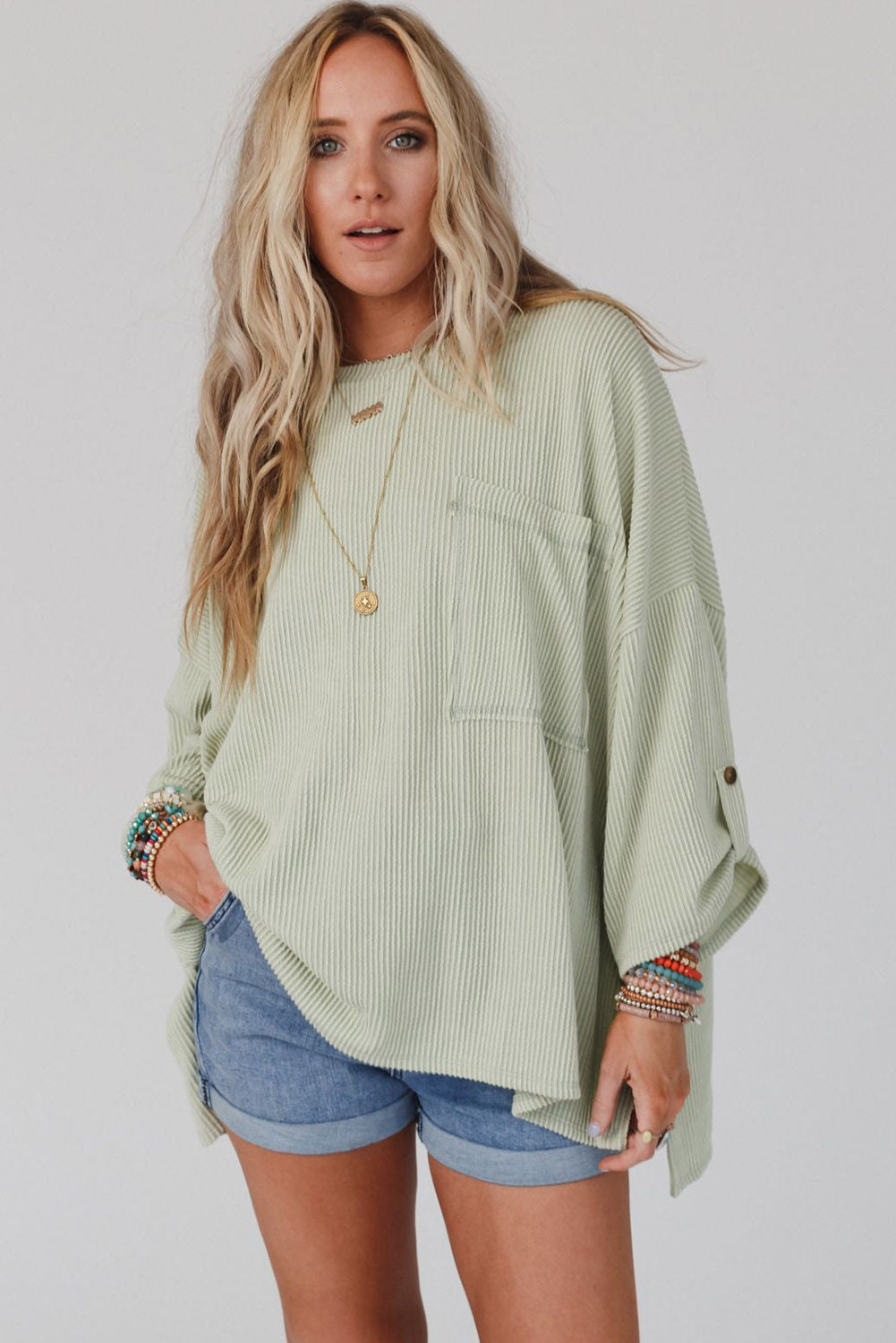 Gray Ribbed Roll-tab Sleeve Chest Pocket Oversize Top