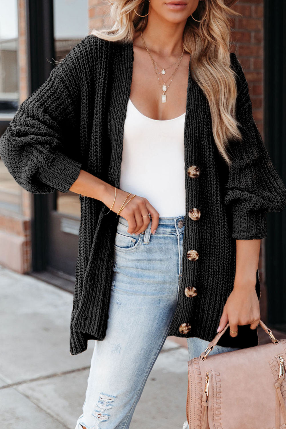 Khaki Solid Color Buttoned Down Casual Knitted Cardigan