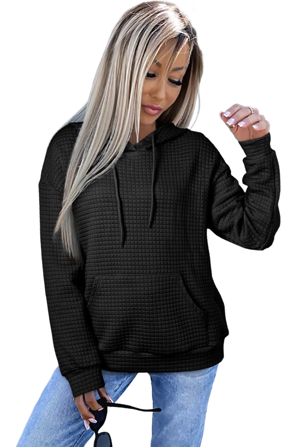 Gray Lattice Textured Kangaroo Pocket Drawstring Hoodie