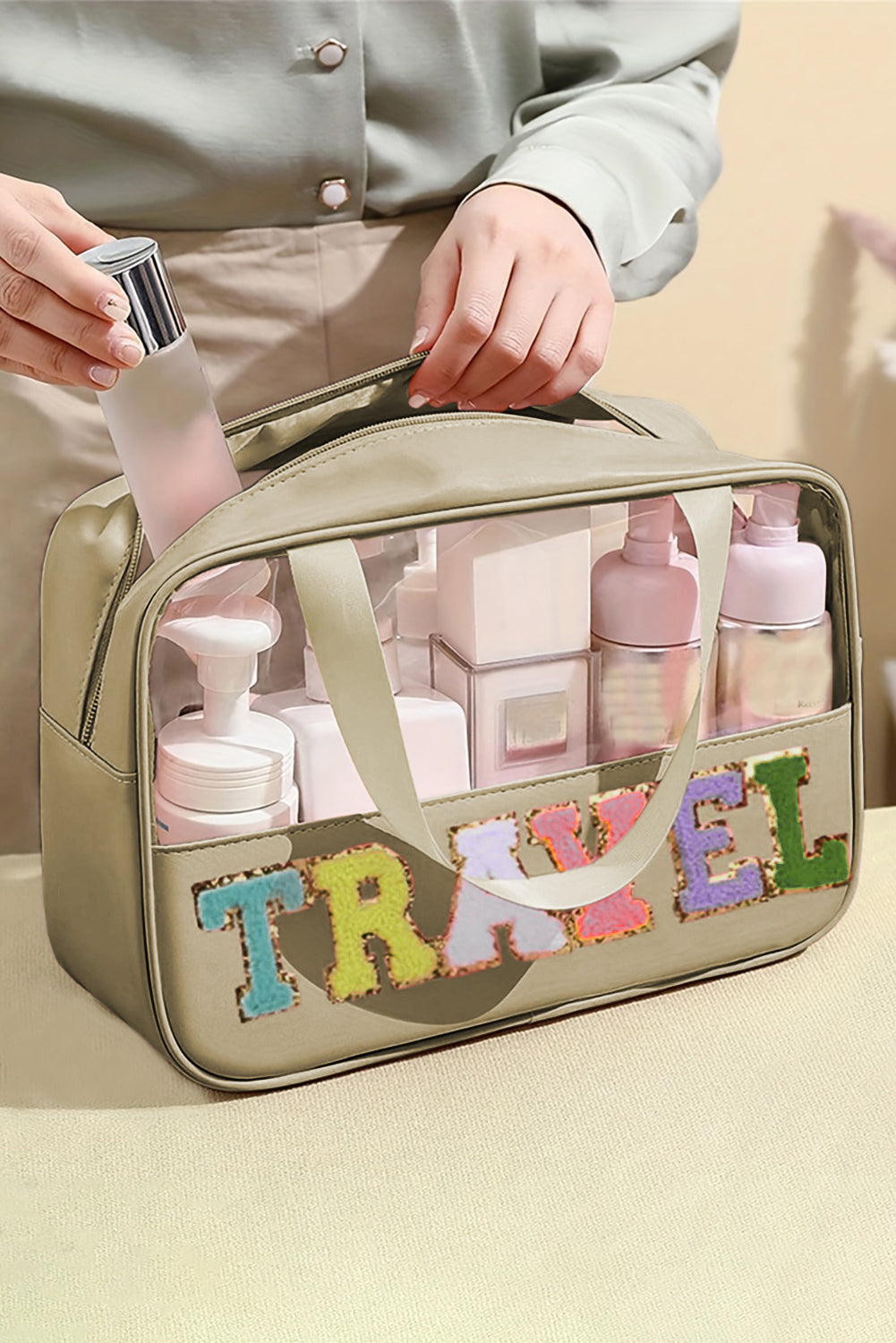 Light Pink TRAVEL Chenille Letter Clear PVC Makeup Bag