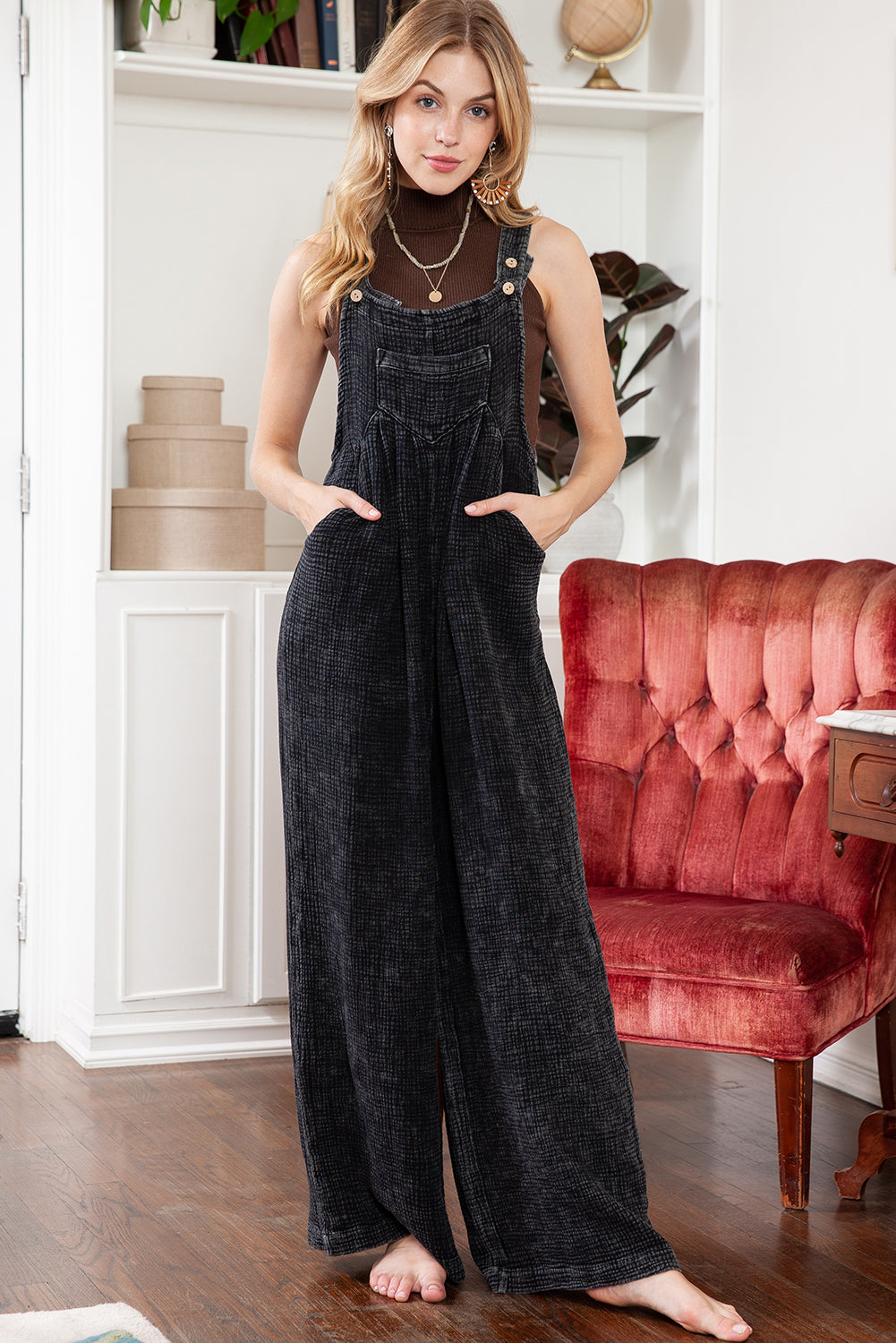 Black Crinkle Loose Fit Wide Leg Jumpsuit