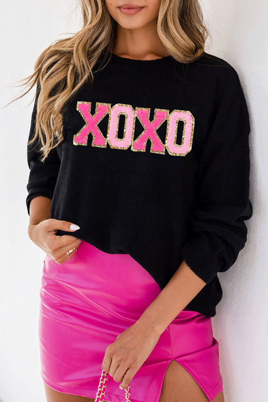 Black XOXO Chenille Letter Round Neck Casual Sweater