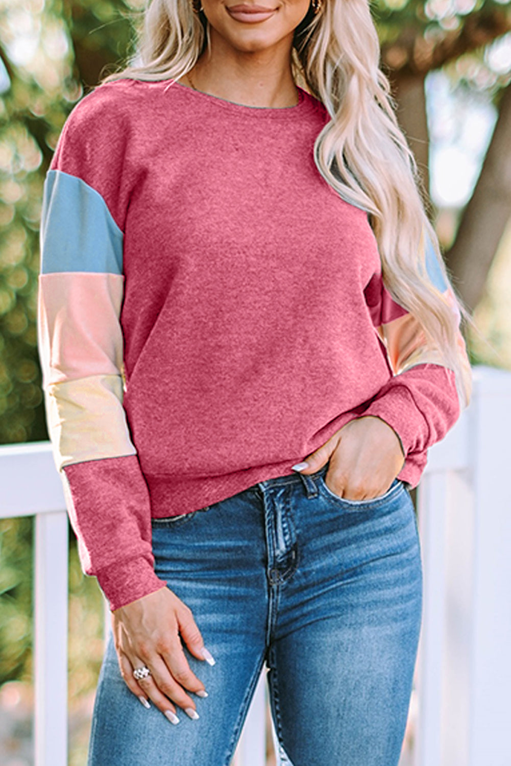 Dark Blue Color Block Casual Drop Sleeve Sweatshirt