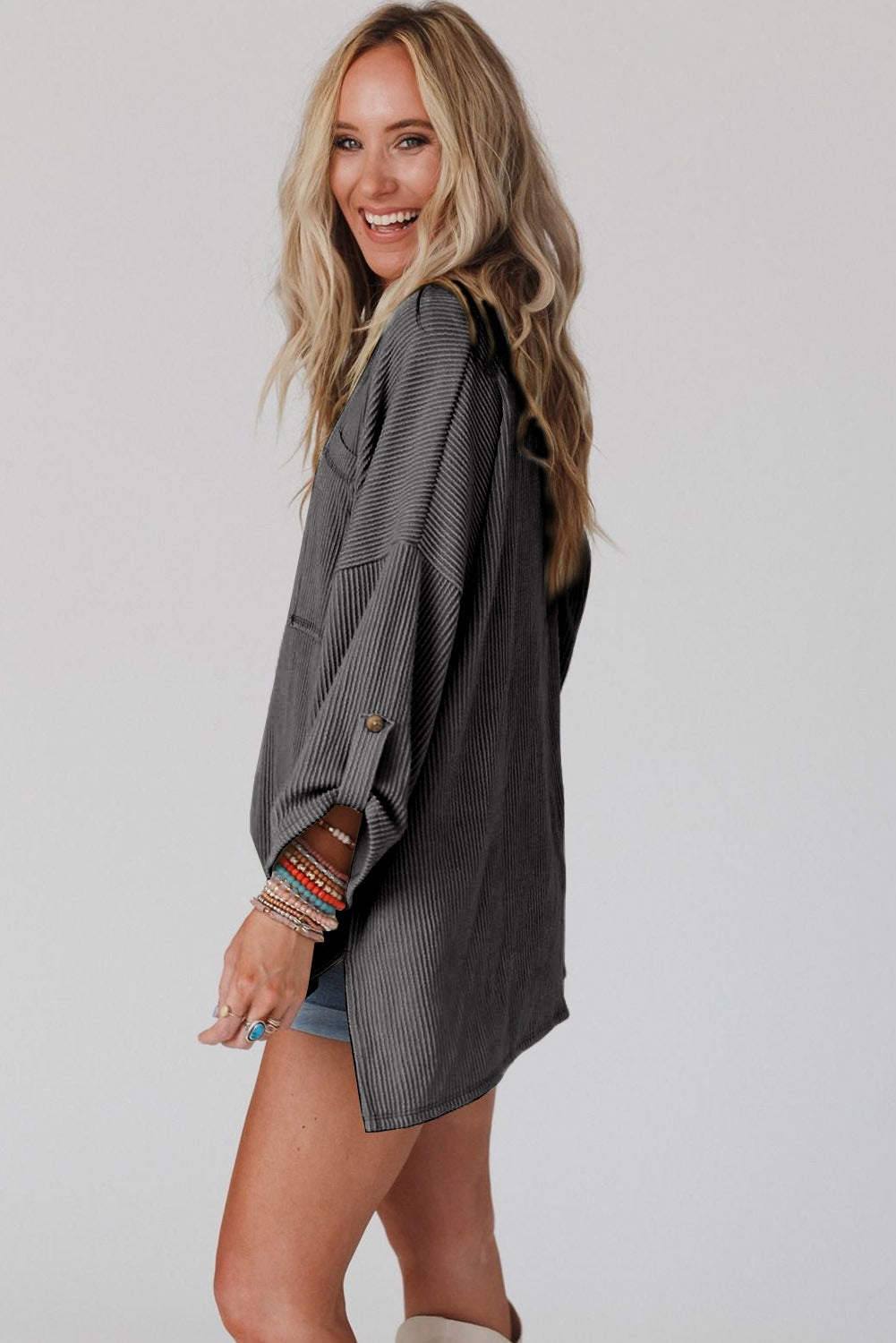 Gray Ribbed Roll-tab Sleeve Chest Pocket Oversize Top